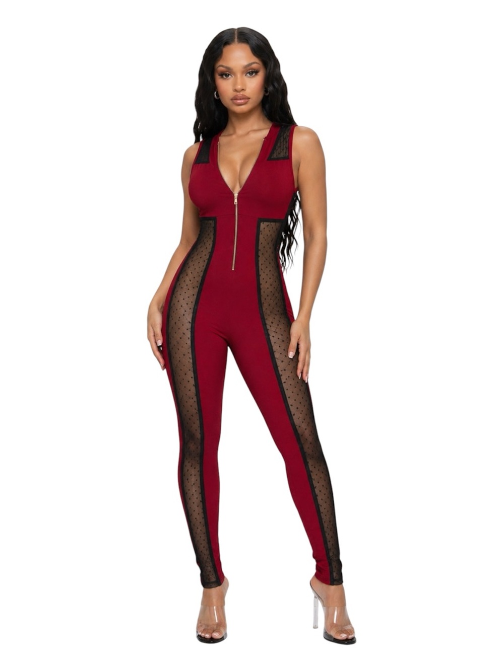 Fashion Nova Red Mesh-Panel Front Zip Jumpsuit